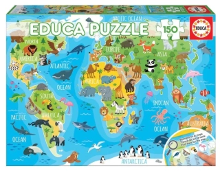 PUZZLE MAPA SE ZVÍŘATY SVĚTA/150 DÍLKŮ