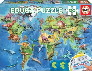 PUZZLE MAPA SVĚTA S DINOSAURY/150 DÍLKŮ