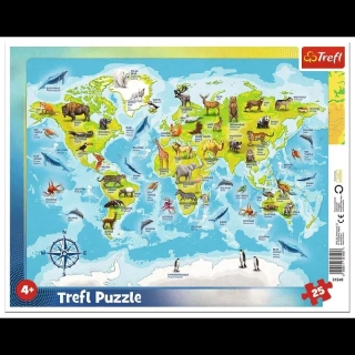 PUZZLE MAPA SVĚTA SE ZVÍŘÁTKY/25 DÍLKŮ